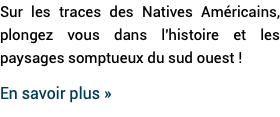 Sur les traces des Natives Américains, plongez vous dans l'histoire et les paysages somptueux du sud ouest ! En savoir plus »